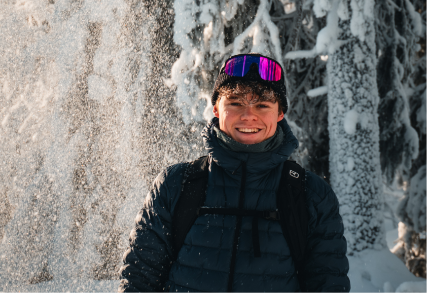 winter jacket, puffer coat, snow, sunglasses, backpack